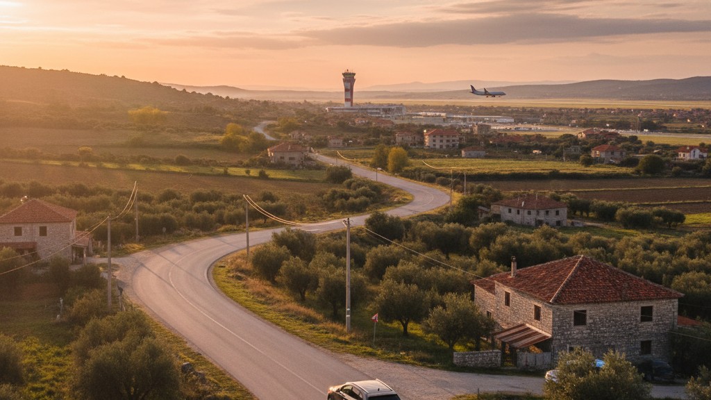 Rinas Airport terminal building with rental car counters in the arrival hall near Tirana Albania