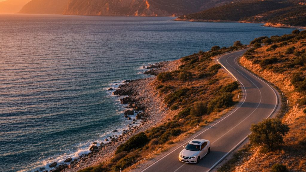Saab rental car in Albania parked near mountain road
