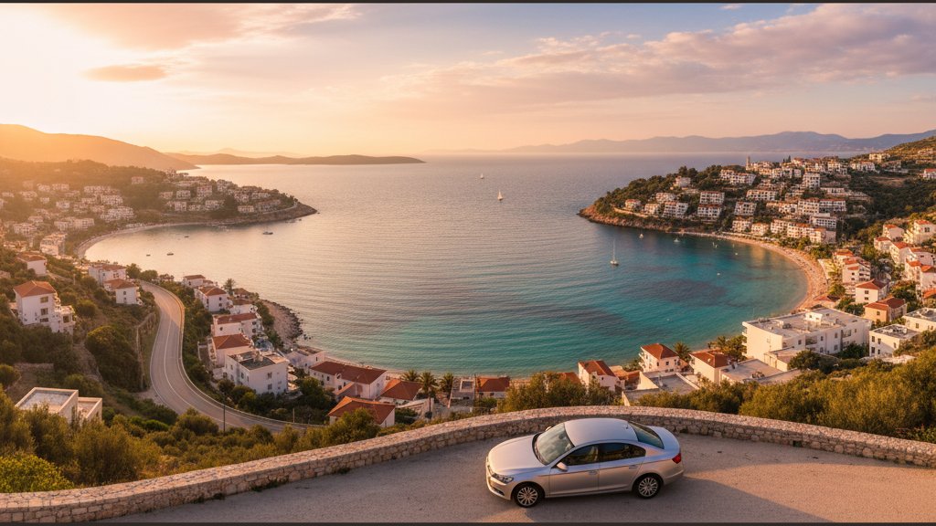 Coastal view of Saranda waterfront with boats and turquoise Ionian Sea waters
