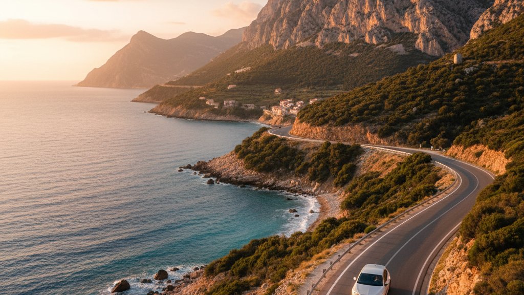 Seat rental car parked at scenic location in Albania with mountains in background