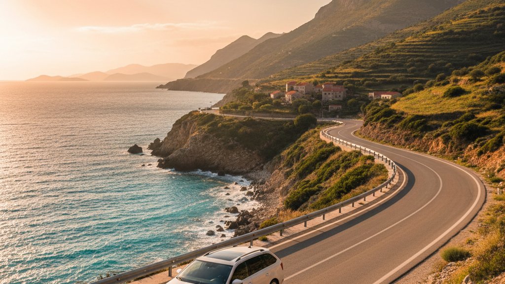 Skoda rental car parked in Albanian mountain landscape with coastal view