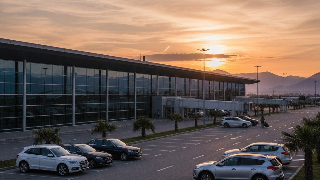 Terminal do Aeroporto Internacional de Tirana Nene Tereza com zona de levantamento de carros alugados