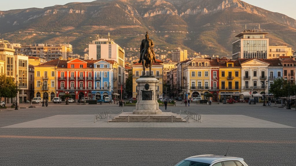 Skanderbeg-Platz in Tirana mit Et'hem-Bey-Moschee und bunten Fassaden, Hauptstadt Albaniens