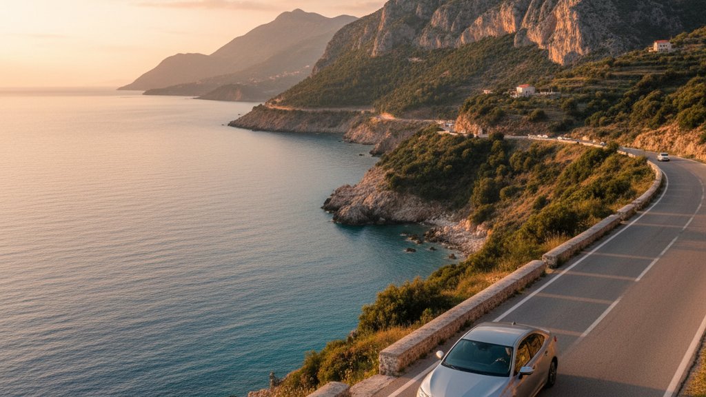 Toyota rental car on Albanian coastal road near Vlora