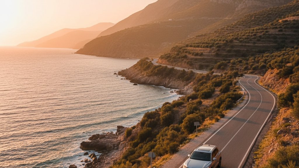Volkswagen Golf e Passat parcheggiati vicino al lago di Ohrid sulla frontiera albanese