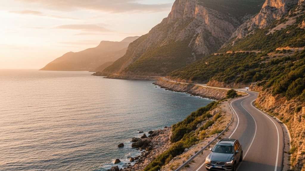 Volvo rental car on Albanian coastal road near Himara